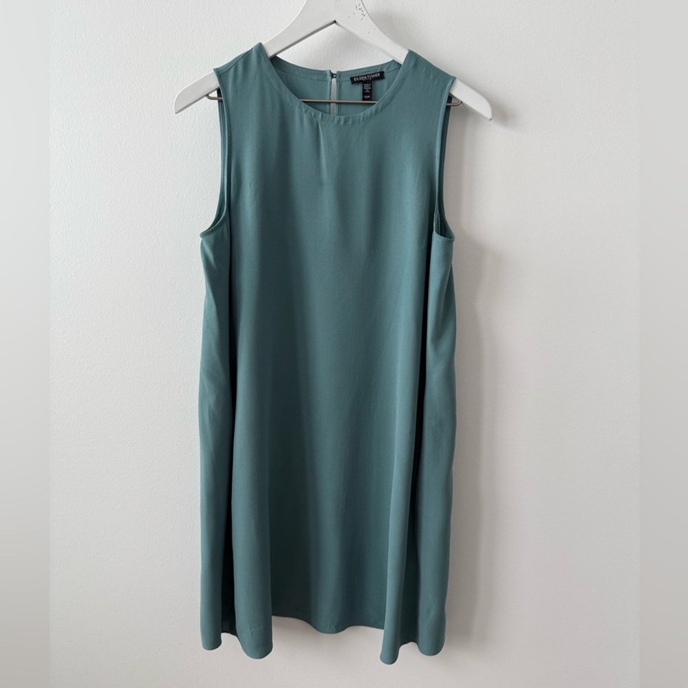 Eileen Fisher Silk Georgette Crepe Round Neck Dress Teal SP